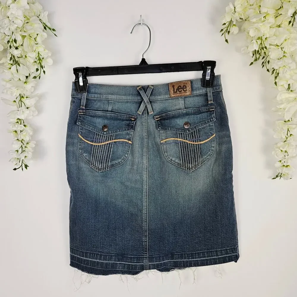 Y2K Lee Denim Skirt Juniors 3 Frayed Hem Button Pockets Stretch Slit Front